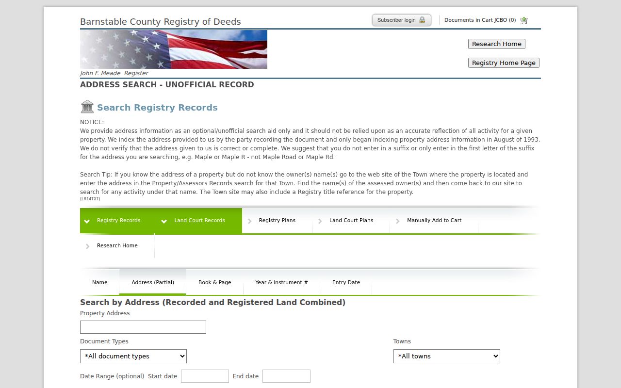 Sandwich previous residents research using the Barnstable Registry address-search screen