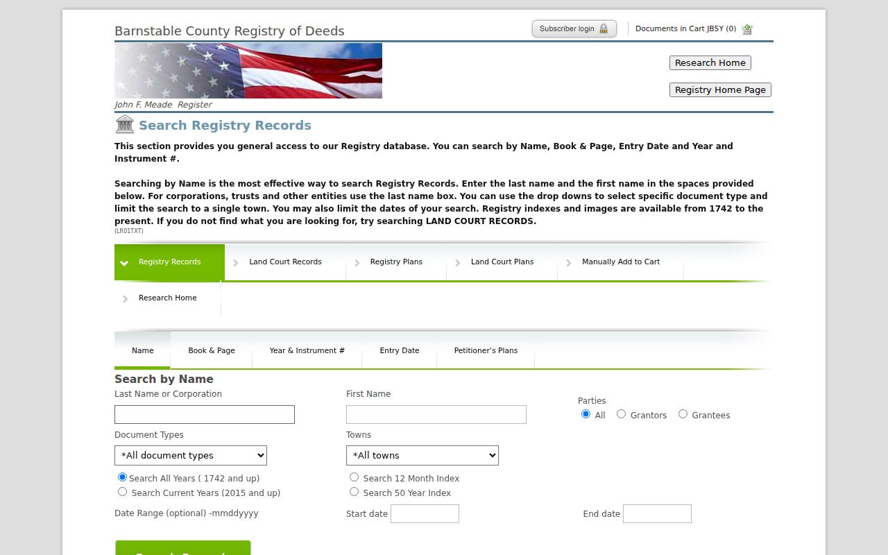 Sandwich street directory Barnstable Registry name-search fields